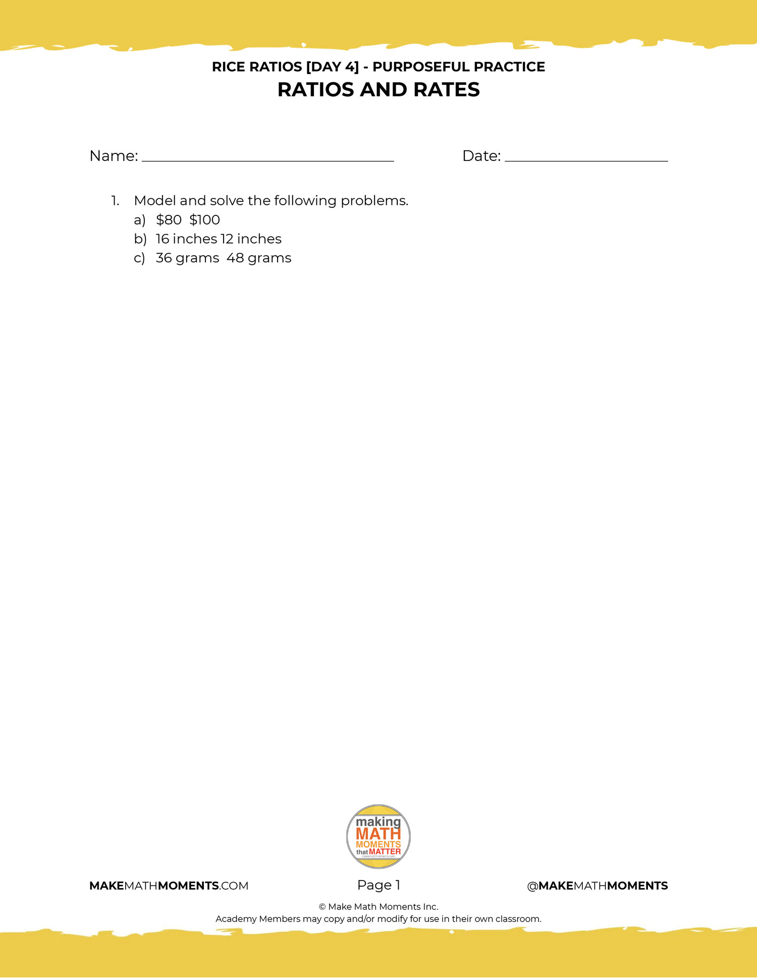 Rice Ratios [Day 4] - Ratio and Rates Practice Handout